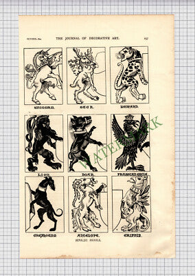 Heraldic Animal And Birds Heraldry - 1894 2-Part Cutting / Print