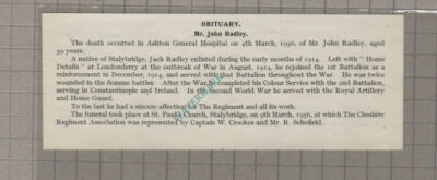 C3647) Mr John Radley Stalybridge Cheshire Regiment Obituary -1956 Clip