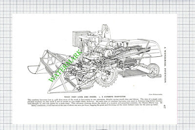Combine Harvester Diagram Massey Harris 735 - c.1950s Cutting / Print