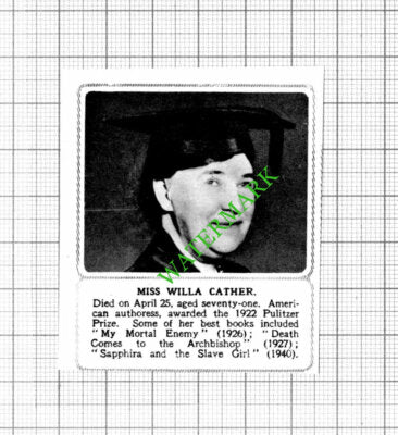 Miss Willa Cather Authoress Obituary - 1947 Small Cutting