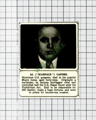 Al Capone Scarface Obituary - 1947 SMALL Cutting