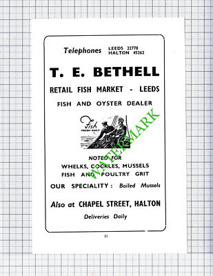 T E Bethell Fish Market Leeds Halton Small Advert - 1950 Cutting