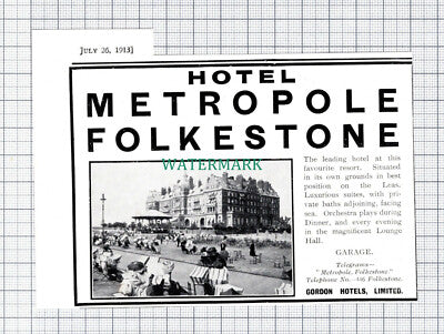 C5908) Hotel Metropole Folkestone Gordon Hotels Advert - 1913 Cutting