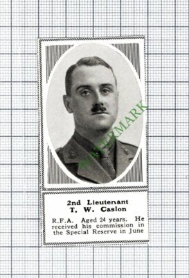 2nd Lt T W Caslon Royal Field Artillery RFA WW1 - 1915 SMALL Cutting