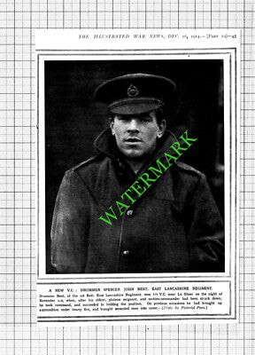 Drummer Spencer John Bent East Lancashire Regiment WW1 - 1914 Cutting