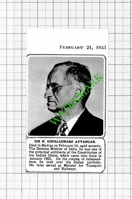Sir N Gopalaswami Ayyangar Obituary - 1953 Small Cutting