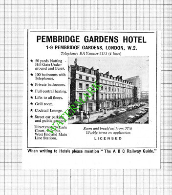 Pembridge Gardens Hotel London Small Advert - 1964 Cutting
