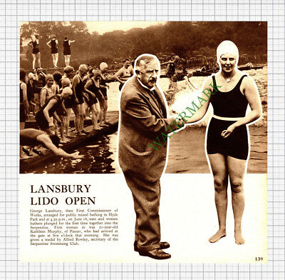 Lansbury Lido Hyde Park Alfred Rowley Kathleen Murphy Pinner - c.1930s Cutting