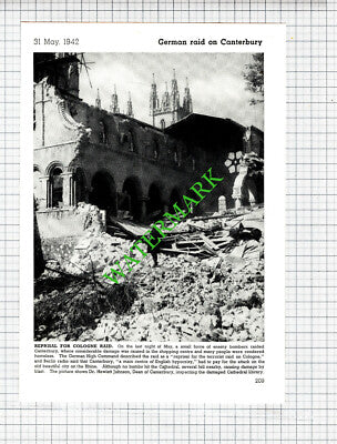 Canterbury Cathedral Dr Hewlett Johnson World War Two Bomb Damage -1940s Cutting