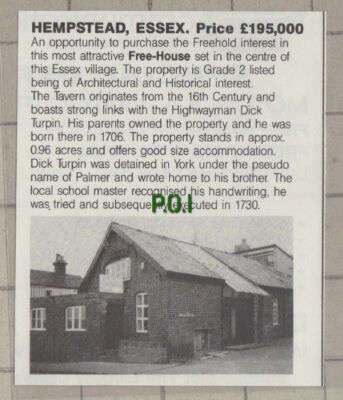 C1562) Hempstead Essex Tavern Sale Advert Dick Turpin - 1987 Clip