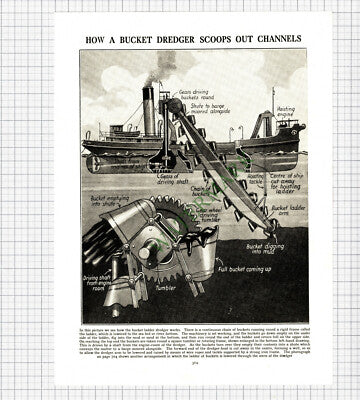 9095) How A Bucket Dredger Works Dredging Boat - c.1930 Cutting / Print
