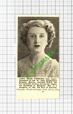 Lady June Hobson St John Ambulance Burma WW2 Award Carrick - 1943 SMALL Cutting