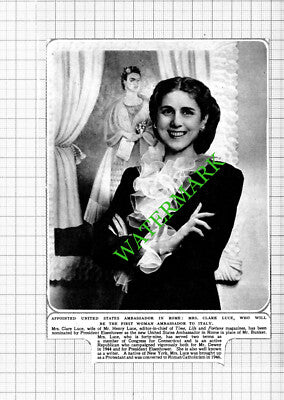 Mrs Clare Luce US Ambassador Italy - 1953 Cutting