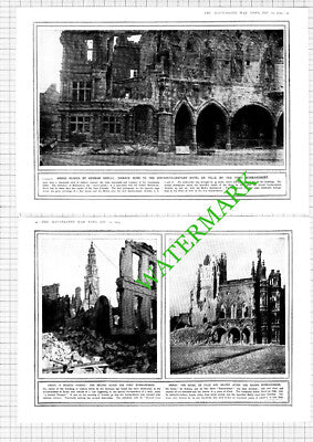 Arras France Hotel de Ville World War One WW1 - 1914 2-Part Cutting / Print