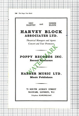 Dru Harvey Block Associates Ltd Theatrical Managers Advert - 1968 Cutting