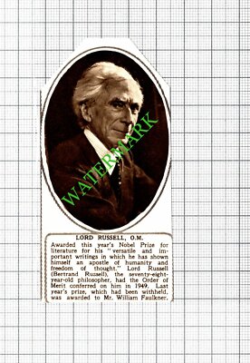 Lord Russell Nobel Prize Bertrand Russell - 1950 SMALL Cutting