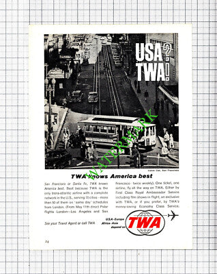 TWA Airline Cable Car San Francisco Small Advert - 1962 Cutting