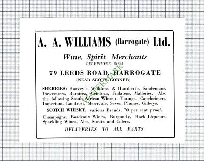 HARROGATE A A Williams Wine Spirit Merchant Advert - 1959 Cutting
