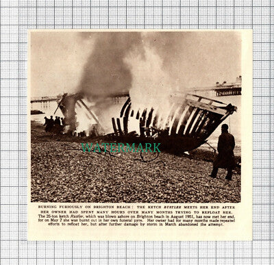 C3734) The Ketch RUSTLER On Fire On Brighton Beach - 1953 Clip