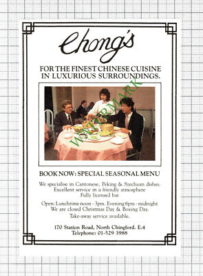 Chong's Chinese Chingford Essex Advert - 1988 Cutting