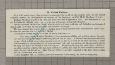 C3640) Mr Richard Woolmer Mrs E Deacon 2nd Battalion Obituary - 1956 Clip