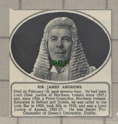 C915) Sir James Andrews Lord Chief Justice Northern Ireland -1951 SMALL Cutting
