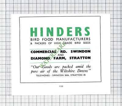 Hinders Bird Food Swindon Stratton Advert - 1951 Cutting