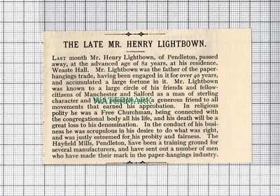 C5209) Mr Henry Lightbown Weaste Hall Pendleton Obituary - 1899 Cutting