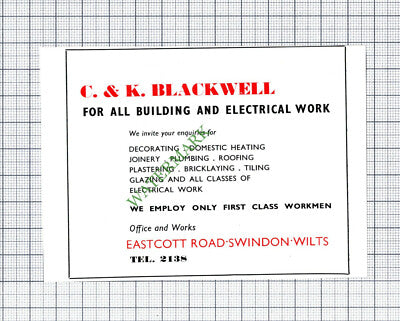 C & K Blackwell Eastcott Road Swindon Advert - 1951 Cutting