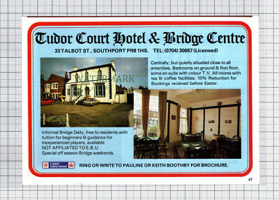 C7657) Avalon Hotel Southport Bill Johnson / Tudor Court Boothby -1986 Advert