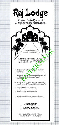 Raj Lodge Indian Restaurant Old Harlow Essex Advert - 1992 Cutting / Print