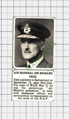 C8143) Air Marshal Sir Richard Peck Obituary -1952 SMALL Cutting
