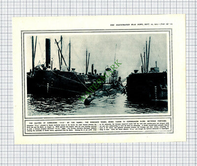 Salvaging Submarine E13 World War One - 1915 Cutting / Print
