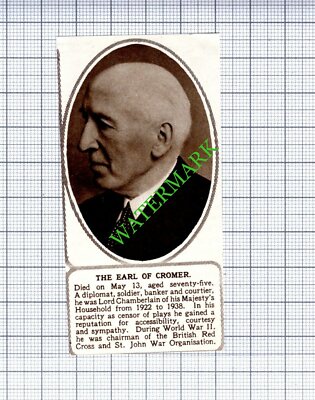 The Earl Of Cromer Obituary - 1953 Small Cutting