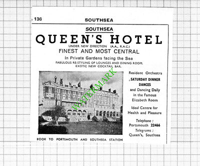 West Cliff Hotel Southend Essex / Queen's Hotel Small Advert - 1964 Cutting