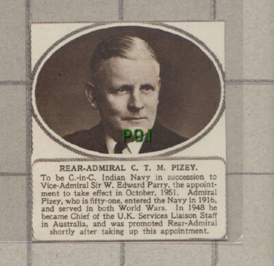 C896) Rear Admiral C T M Pizey Indian Navy - 1951 SMALL Cutting
