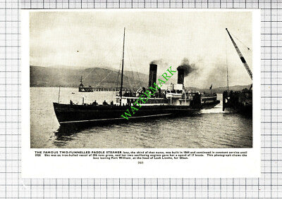Paddle Steamer IONA Fort William Loch Linnhe - 1930s Cutting