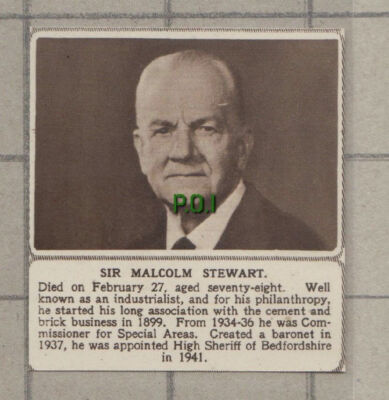 C991) Sir Malcolm Stewart High Sheriff Bedfordshire Obituary 1951 SMALL Cutting