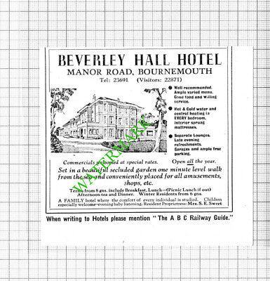 Beverley Hall Hotel Bournemouth Mrs Sweet Small Advert - 1964 Cutting