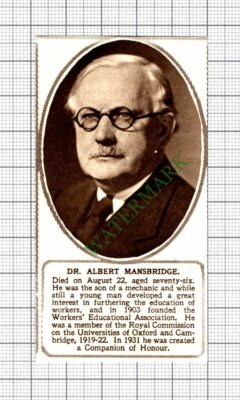 C8079) Dr Albert Mansbridge Obituary- 1952 Small Cutting