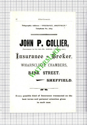 John P Collier Insurance Broker Sheffield Small Advert - 1908 Cutting