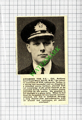 Cdr Anthony Cecil Capel Miers Royal Navy HM Submarine Torbay WW2 - 1942 Cutting