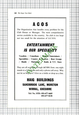 ACOS Entertainment Moreton Wirral Cheshire Advert - 1968 Cutting