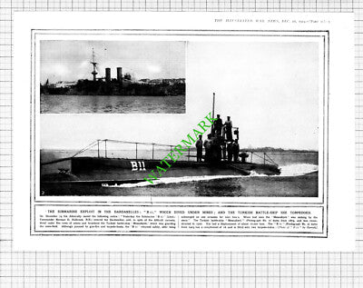B11 Submarine Dardanelles Holbrook World War One WW1- 1914 Cutting