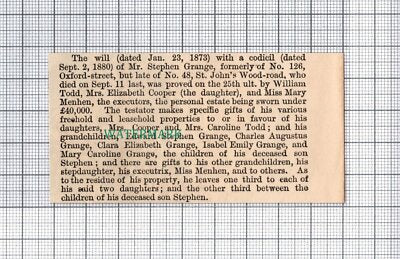 C5230) Mr Stephen Grange Oxford Street Mrs Caroline Todd Cooper - 1880 Cutting