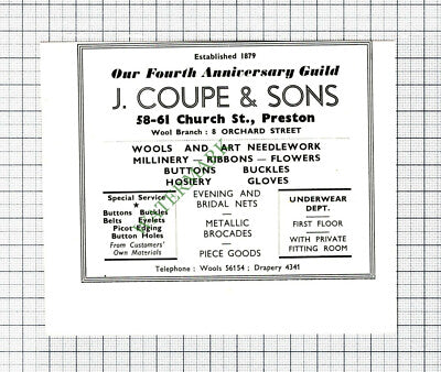 C7886) J Coupe & Sons Preston Advert - 1952 Cutting