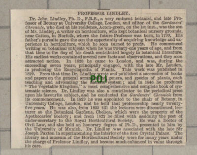 C842) Dr John Lindley Professor of Botany Gardeners Chronicle Obituary - 1865