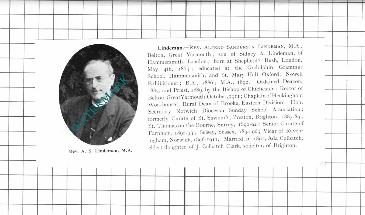 Rev Charles Upwood Manning Diss / Rev Alfred Sanderson Lindeman - 1911 Clipping