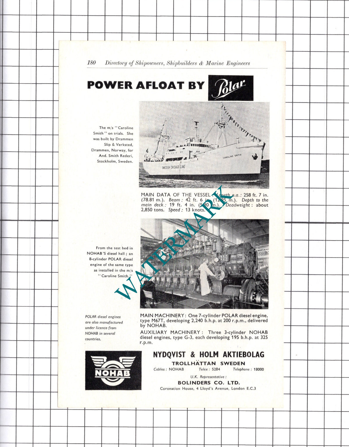 Nydqvist & Holm CAROLINE SMITH Ship ADVERT - c.1957