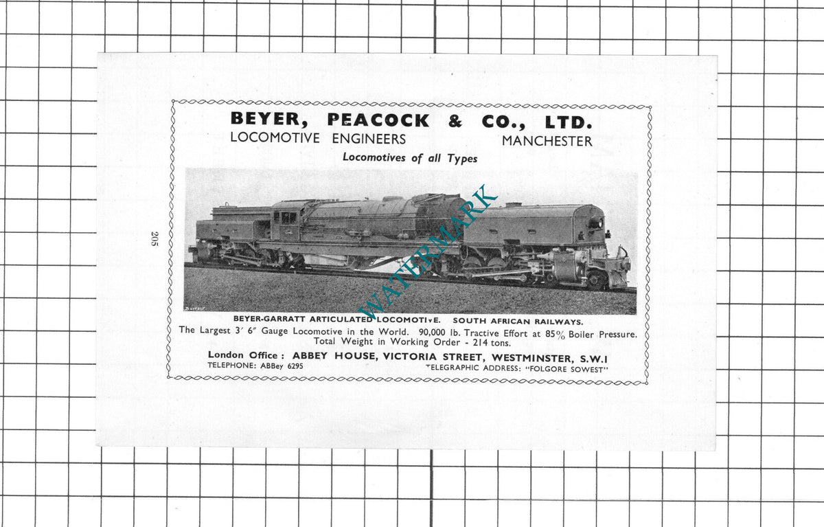 Beyer Peacock & Co Ltd Locomotive Engineers Manchester - 1939 Small Advert